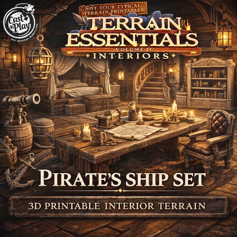 May include: An illustration of a pirate ship interior set. The image features a large wooden table with a map, candles, and treasure chests. The text reads "PIRATE'S SHIP SET" and "3D PRINTABLE INTERIOR TERRAIN."