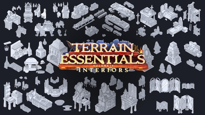 May include: A collection of grayscale 3D models of interior design elements, including beds, tables, chairs, and decorative objects. The image features the text "TERRAIN ESSENTIALS VOLUME II INTERIORS" in a stylized font, suggesting a set of digital assets for game design or architectural visualization.