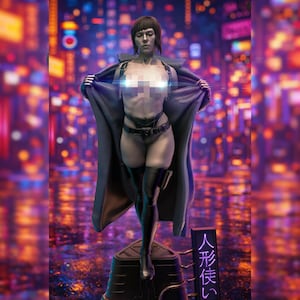 May include: A detailed statue of a female figure in a futuristic outfit, including a long coat, thigh-high boots, and a harness. The figure is standing on a platform with Japanese text. The background features a blurred cityscape with neon lights.