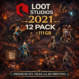 Może przedstawiać: Obraz promocyjny dla Loot Studios z różnymi figurkami fantasy, w tym skrzydlatymi stworzeniami i wojownikami. Tekst brzmi "LOOT STUDIOS 2021 12 PACK +111GB" i "PREMIUM STL FILES FOR 3D PRINTING". Znak mówi "IT'S A WITCH TRAP!"