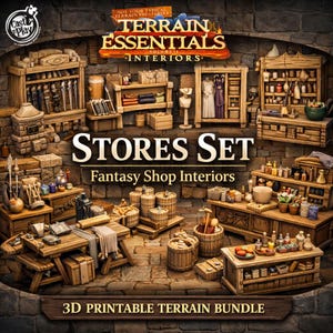 May include: A collection of 3D printable terrain models for fantasy shop interiors. The image showcases various wooden shelves, tables, barrels, and other store fixtures. The text reads "STORES SET Fantasy Shop Interiors" and "3D PRINTABLE TERRAIN BUNDLE."