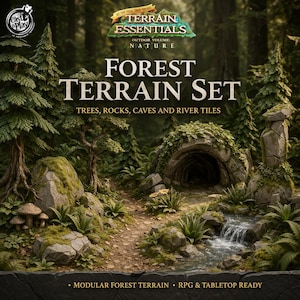 May include: A detailed forest terrain set with trees, rocks, caves, and river tiles. The image shows a lush, green forest scene with a winding path, a small waterfall, and a cave entrance. The text on the image reads "Forest Terrain Set".