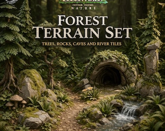 Forest Terrain Set STL, Woodland Terrain Bundle, Bäume, Höhlen Fluss Fliesen & Felsen, Tabletop Landschaft für RPG Kriegsspiele, 3D Druck Dateien
