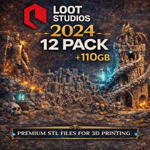 May include: Digital art promoting "LOOT STUDIOS 2024 12 PACK +110GB" with a fantasy theme. The image features a warrior, a castle, and a battlefield with skulls. Text at the bottom reads "PREMIUM STL FILES FOR 3D PRINTING".