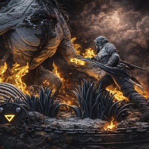 May include: A digital illustration shows a warrior confronting a monster in a fiery scene. The warrior, in armour, holds a sword. The setting is a circular platform with a glowing emblem, surrounded by flames and burning fire.