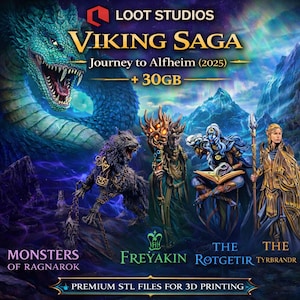 May include: Digital artwork for "Viking Saga" by Loot Studios, showcasing a green dragon, a wolf-like figure, and three characters. Text includes "Journey to Alfheim (2025)" and "Premium STL Files for 3D Printing."