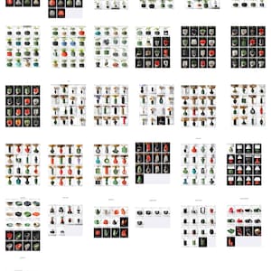 May include: A collection of various potted plants, including cacti and succulents, displayed in a grid format. The pots vary in color and design, with some featuring geometric patterns and others with textured surfaces. The plants are arranged against a black and white background.