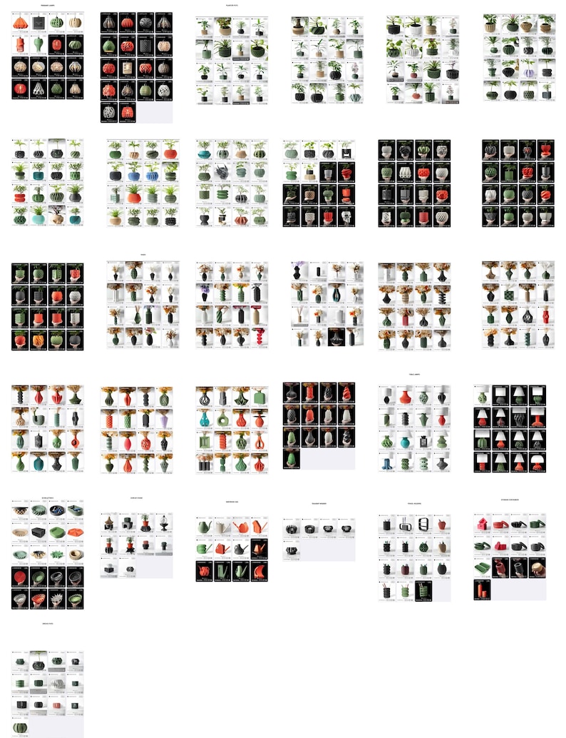 May include: A collection of various potted plants, including cacti and succulents, displayed in a grid format. The pots vary in color and design, with some featuring geometric patterns and others with textured surfaces. The plants are arranged against a black and white background.
