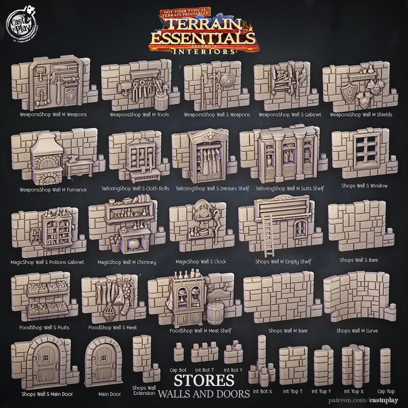 Op de afbeelding: Een verzameling miniatuur terreinstukken voor tabletop gaming, met muren, deuren en winkelinterieurs. De stukken zijn gemaakt van een lichtgrijs materiaal en omvatten verschillende winkelgevels, deuren en muursecties. De tekst "Terrain Essentials Interiors" is zichtbaar.