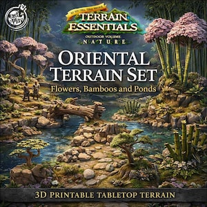Puede incluir: Ilustración digital de un conjunto de terreno oriental para juegos de mesa. La imagen presenta un paisaje sereno con flores, bambúes, estanques y un puente de madera. El texto incluye "Terrain Essentials" y "3D Printable Tabletop Terrain".