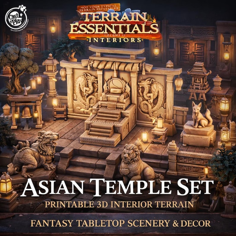 May include: A detailed 3D model of an Asian temple set, perfect for fantasy tabletop scenery. The set includes intricate structures, statues of dragons and lions, and decorative lanterns. The text on the image reads "Asian Temple Set" and "Printable 3D Interior Terrain."