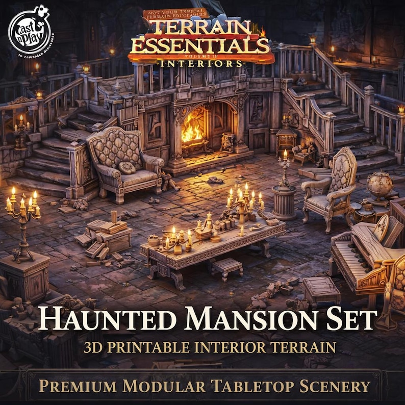 May include: A detailed 3D rendering of a haunted mansion interior. The scene includes a fireplace, ornate furniture, stairs, and a table with candles. The text reads "HAUNTED MANSION SET" and "3D PRINTABLE INTERIOR TERRAIN". The overall theme is premium modular tabletop scenery.
