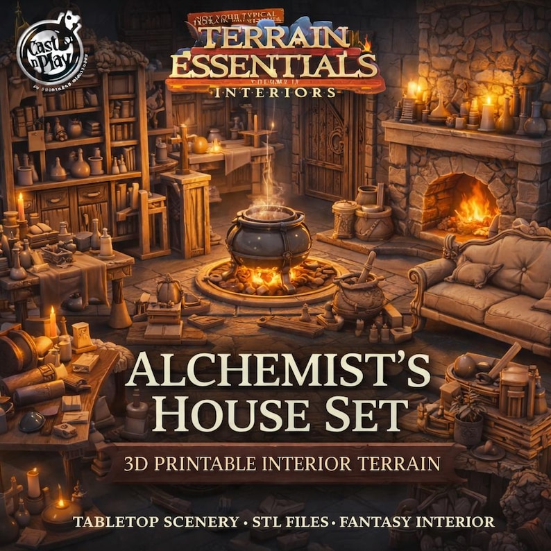 May include: A 3D printable Alchemist's House Set featuring a central cauldron over a fire, a stone fireplace, a sofa, and shelves filled with bottles and books. The scene includes the text Terrain Essentials Interiors and Alchemist's House Set.