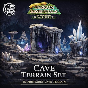 May include: A detailed image of a cave terrain set with a dark, fantasy theme. The set includes a large cave entrance, crystals, and other rock formations. The text on the image reads "CAVE TERRAIN SET" and "3D PRINTABLE CAVE TERRAIN".