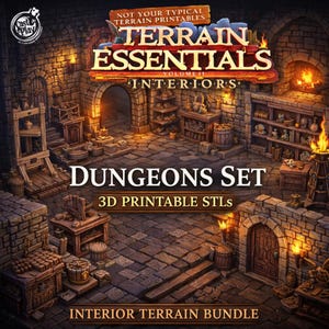 Peut inclure: Illustration numérique d'un ensemble d'intérieur de donjon, avec des murs en pierre, des meubles en bois et divers accessoires. L'image comprend le texte "Terrain Essentials Volume II Interiors" et "Dungeons Set 3D Printable STLs". La scène est éclairée avec des tons chauds.