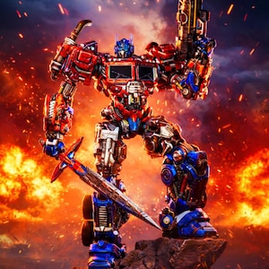 Op de afbeelding: Gedetailleerde actiefiguur van Optimus Prime, de leider van de Autobots, in een dynamische pose. De figuur is overwegend rood en blauw, met een grote blaster en een zwaard. De achtergrond toont een vurige, explosieve scène.