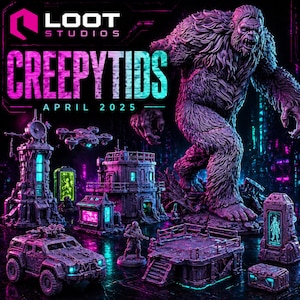 May include: A promotional image for Loot Studios' "CREEPYTIDS" in April 2025. The image features a large, detailed Bigfoot-like creature and various miniature structures, vehicles, and figures in shades of purple, blue, and green, suggesting a sci-fi or fantasy theme.