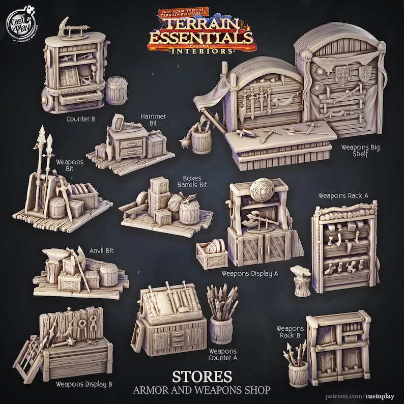 Op de afbeelding: Een verzameling beige miniatuurwinkelmodellen voor een fantasiespel, waaronder toonbanken, planken en wapenrekken. De modellen hebben gedetailleerde ontwerpen, met de tekst "Terrain Essentials Interiors" en "Stores Armor and Weapons Shop."