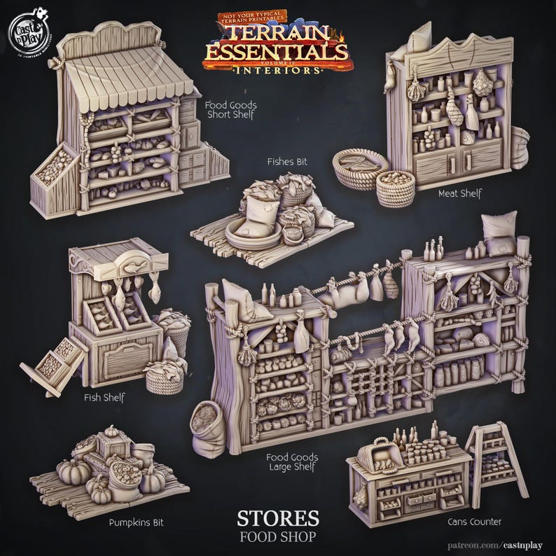 Op de afbeelding: Een verzameling miniatuurmodellen van voedselwinkels, waaronder schappen, toonbanken en displays. De modellen zijn beige en hebben gedetailleerde ontwerpen voor een tabletopspel. De afbeelding bevat de tekst "Terrain Essentials Interiors" en "Stores Food Shop."