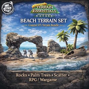 Op de afbeelding: Digitale illustratie van een strandterreinset voor RPG- of wargame-gebruik. De scène bevat rotsen, palmbomen en scatter-terrein. De tekst op de afbeelding luidt "Beach Terrain Set - Coastal STL Terrain Bundle."