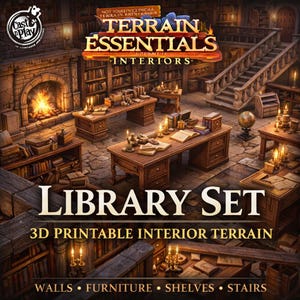May include: A detailed illustration of a library set with wooden desks, bookshelves, and a fireplace. The image features the text "LIBRARY SET" and "3D PRINTABLE INTERIOR TERRAIN". The scene is lit by candles, creating a warm, inviting atmosphere.