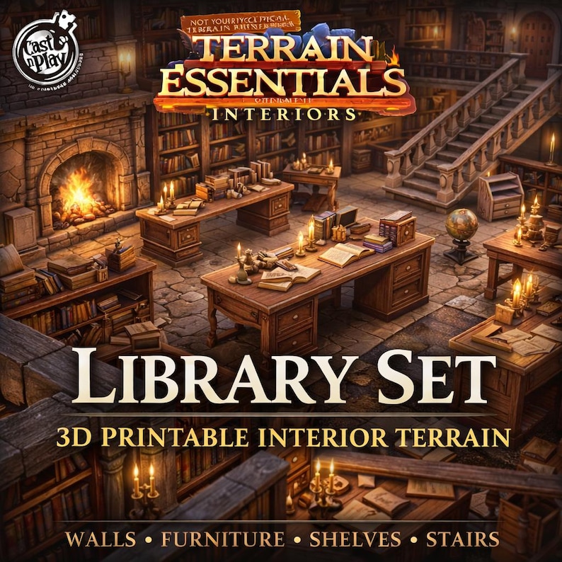 May include: A detailed illustration of a library set with wooden desks, bookshelves, and a fireplace. The image features the text "LIBRARY SET" and "3D PRINTABLE INTERIOR TERRAIN". The scene is lit by candles, creating a warm, inviting atmosphere.