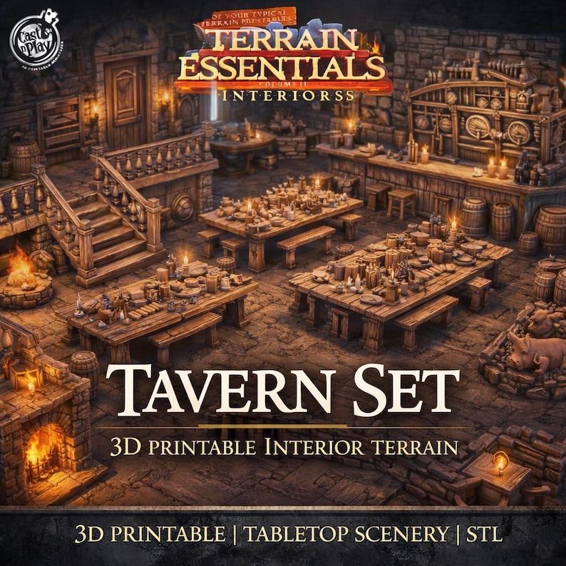 May include: A detailed 3D printable tavern set, featuring wooden tables laden with food and candles, a bar, stairs, and a fireplace. The scene is lit with warm, inviting tones, perfect for tabletop scenery. The text "TAVERN SET" is prominently displayed.