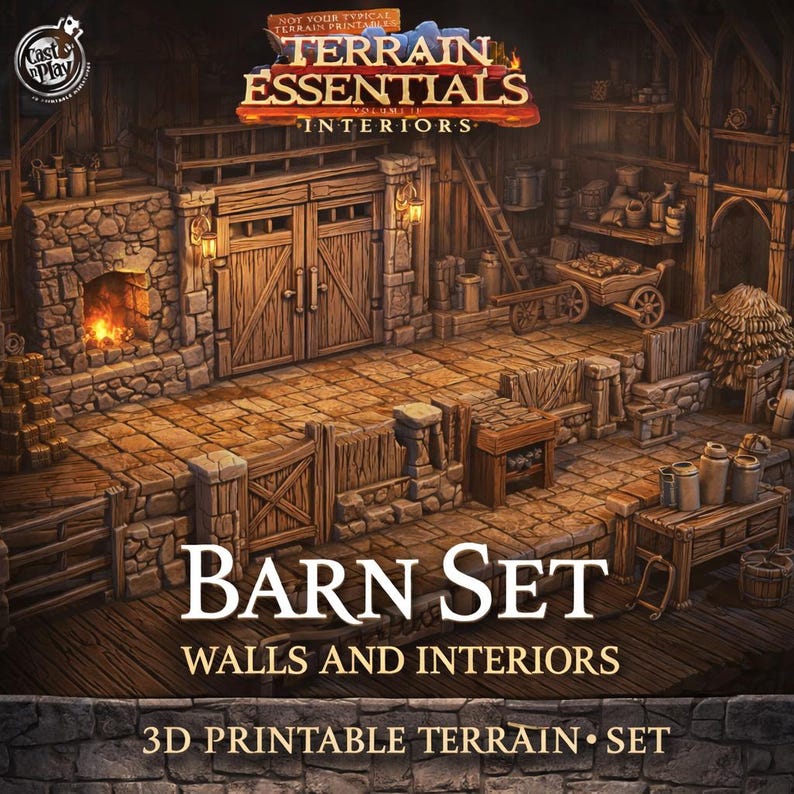 May include: A detailed 3D rendering of a barn interior set. The scene features stone walls, wooden doors, and various props like a fireplace, ladder, and cart. The text "BARN SET" and "WALLS AND INTERIORS" are prominently displayed, along with "3D PRINTABLE TERRAIN &bull; SET".
