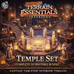 May include: A detailed 3D render of a fantasy temple interior set. The scene features stone architecture, stairs, and a central circular platform. The image includes the text "Terrain Essentials Interiors" and "Temple Set". The overall color palette is warm with orange and brown tones.