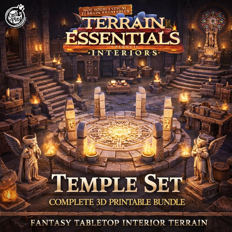 May include: A detailed 3D render of a fantasy temple interior set. The scene features stone architecture, stairs, and a central circular platform. The image includes the text "Terrain Essentials Interiors" and "Temple Set". The overall color palette is warm with orange and brown tones.