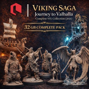 Op de afbeelding: Een verzameling gedetailleerde Viking Saga-beeldjes, waaronder een beer, krijgers en een gevleugelde figuur, met de tekst "VIKING SAGA Journey to Valhalla Complete STL Collection (2021) 32 GB COMPLETE PACK".