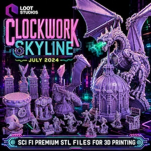 Puede incluir: Imagen promocional de "Clockwork Skyline" de Loot Studios, con varios modelos de ciencia ficción impresos en 3D. Los modelos incluyen un dragón, edificios y figuras en miniatura, todos en tonos morados. También se ve el texto "Julio 2024".