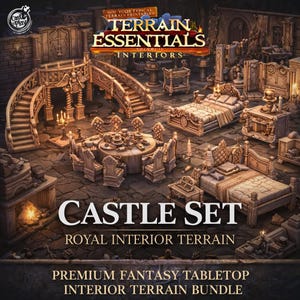 May include: A detailed image showcasing a castle set with royal interior terrain. The scene includes beds, tables, chairs, and staircases. The text on the image reads "CASTLE SET" and "ROYAL INTERIOR TERRAIN". The overall theme is fantasy tabletop.