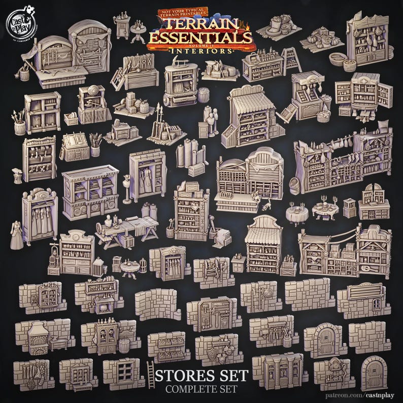 Op de afbeelding: Een verzameling miniatuurmodellen van winkels, waaronder planken, toonbanken en muren, in een neutrale kleur. De modellen zijn ontworpen voor tabletop gaming en zijn gelabeld met "Terrain Essentials Interiors" en "Stores Set Complete Set".