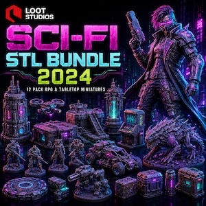 May include: A digital collection of 12 sci-fi tabletop miniatures and terrain pieces, including a central character, a creature, vehicles, and structures, all featuring purple and blue neon lighting against a dark background with text.