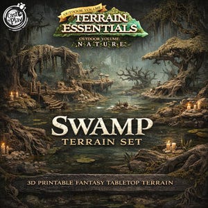 May include: A digitally created image of a swamp terrain set for tabletop gaming. The scene shows a murky swamp with detailed trees, a wooden bridge, and candles. Text on the image reads "SWAMP TERRAIN SET" and "3D PRINTABLE FANTASY TABLETOP TERRAIN."