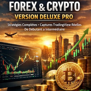 May include: Book cover with the title "TRADING FOREX & CRYPTO VERSION DELUXE PRO". The image features a cityscape, a computer screen displaying financial charts, and a Bitcoin coin. The author's name, Jessy Mirguet, is at the bottom.