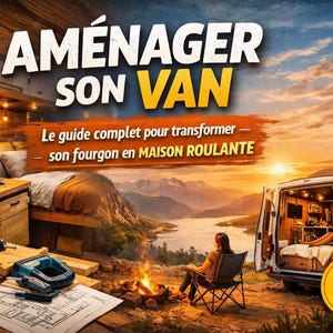 Puede incluir: Una guía ilustrada titulada "AMÉNAGER SON VAN" (Convierte tu furgoneta) con el texto "Le guide complet pour transformer son fourgon en MAISON ROULANTE" (La guía completa para transformar tu furgoneta en una CASA RODANTE). La imagen muestra un interior de furgoneta, herramientas y una persona junto a una fogata.