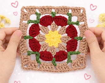 Floral Grandma Square Häkelanleitung | Vintage Blumen Oma Quadrat | 3D Häkelmotiv PDF | Afghanisches Block-Muster | Häkelanleitung PDF