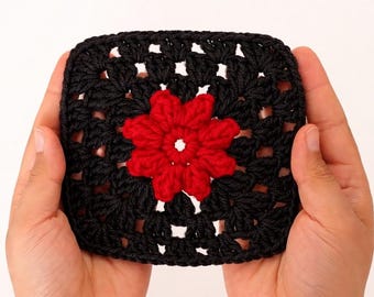 3D Blumen Oma Quadrat Häkelanleitung | Rot & Schwarz Blumenmotiv | Einfache quadratische Häkelanleitung | Decke, Tasche Oma Quadrat Muster