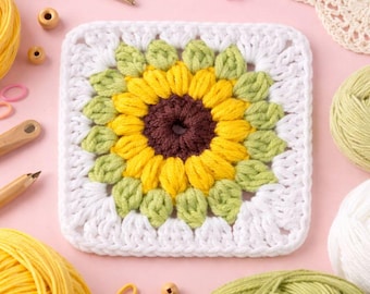 Sonnenblumen Oma Quadrat Häkelanleitung | Blumen Oma Quadrat PDF | Sonnenblume Häkelmuster | Anfänger häkeln Quadrat | Oma Quadrat PDF