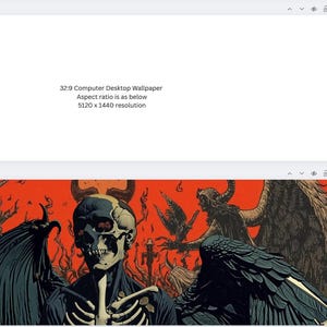 May include: A digital illustration featuring a skeletal figure with horns and a dark cloak against a red background. The image includes the text "32:9 Computer Desktop Wallpaper" and "5120 x 1440 resolution."