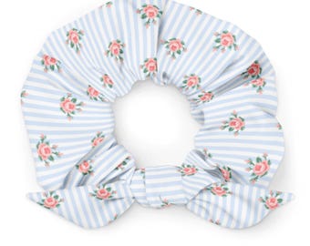 Floral Hair Scrunchie | Blue Stripe, Removable Bow