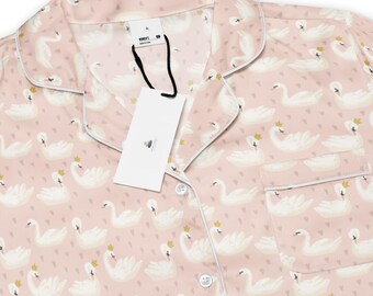 Swan Pajama Top | Women's Short Sleeve Sleepwear, Silky Satin