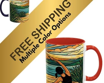 Sunrise Pilates Yoga Scene Accent Coffee Mug | Beach Sunset Illustration