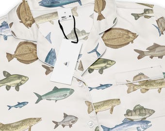 Women's Satin Pajama Top | Trout Print Short Sleeve Sleepwear