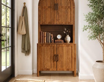 Tall Arched Cabinet | Fluted Bookcase with Doors | Coffee Bar Stand | Walnut Hutch | Farmhouse Decor | Tall Pantry Cabinet | Rustic Cupboard