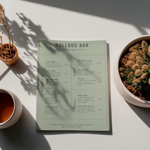 Può includere: Un menu verde chiaro del Bulldog Bar con un elenco di bevande e cocktail. Una tazza di tè, una piccola pianta in vaso e una pianta in vaso più grande con una succulenta sono sulla superficie bianca.
