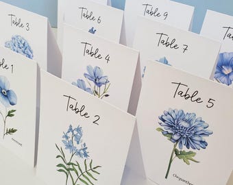 Blue Flower Table Numbers, choose your flowers, choice of tented cards or flat cards, Wedding or special event table numbers,