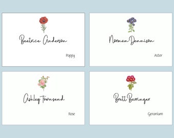 Flower place cards with flower NAMES, Wedding Place cards, Escort Cards, Folded Cards, Personalized Cards, Choice of Fonts